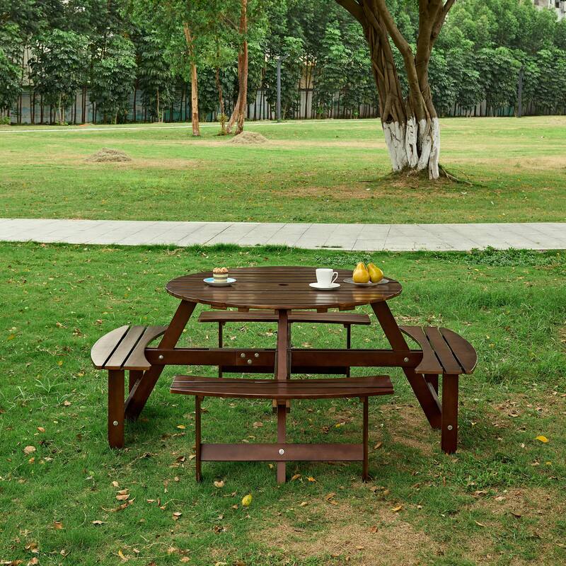 Outdoor 8 Person Picnic Table and Benches Set, Wooden Round Picnic Table with 4 Built In Benches and Umbrella Hole