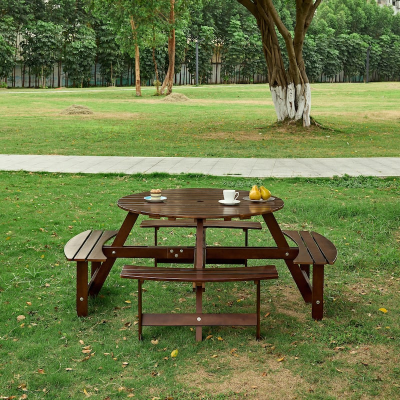 Outdoor Round Picnic Table Set with Built-in Benches & Umbrella Hole