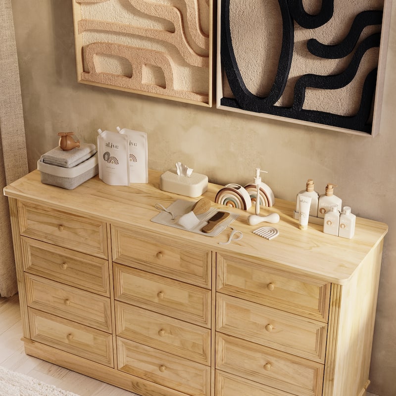 Extra Wide Solid Pine Wood 12-Drawer Changing Table Dresser – 59.9" Real Wood Nursery Dresser with Removable Topper
