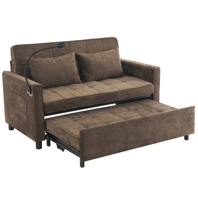 Roomfitters Loveseat Pull-Out Sofa Bed with Reversible Backrest Cushion, Side Pockets, USB Ports, and Phone Holder