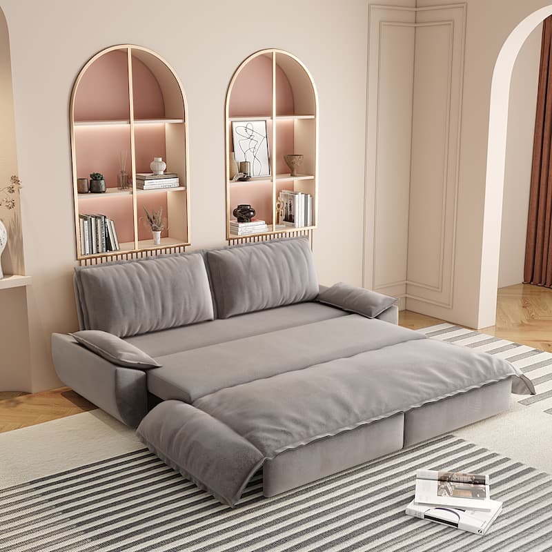 3-in-1 Convertible Velvet Sofa Bed, Pull-Out Queen Sleeper Bed, Chaise Lounge Sofa Daybed, Easy-to-Assemble