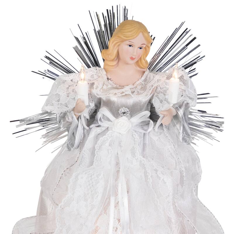 Lighted Angel with Candle Christmas Tree Topper - 10.5” - Silver - Clear Lights