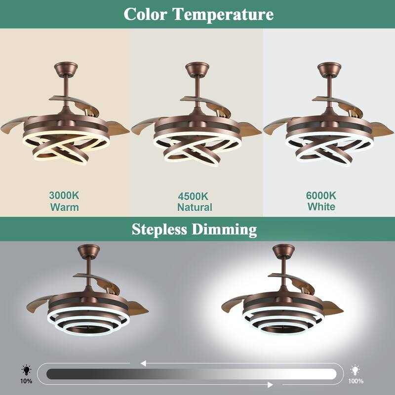 Cusp Barn 42" Retractable Ceiling Fan with Lights and Remote DIY Shape Fandelier Modern Silent DC Motor LED Ceiling Light