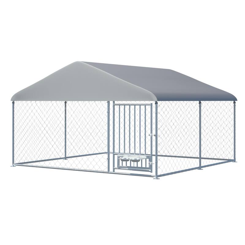 EROMMY Outdoor Dog Kennel, Heavy Duty Large Dog Kennels with Waterproof Cover and Rotating Feeding Door