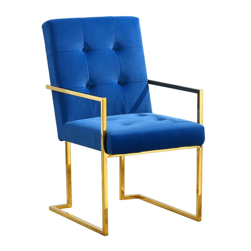 Velvet Dining Chair Tufted Design and Silver Finish Stainless Base - Blue