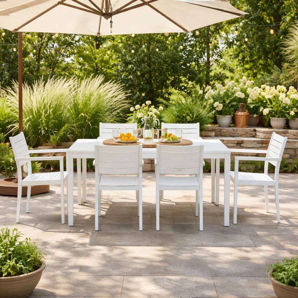 Cora 7 Piece Outdoor Dining Table, Chairs Set, White, Plank Seat and Backs