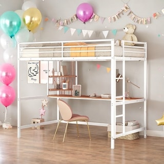 Full Size Metal Modern Loft Bed With Desk and Shelve,Solid Construction