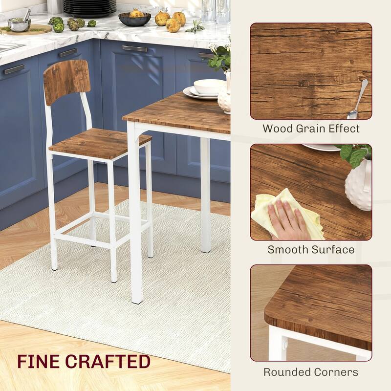 HOMCOM 3 PCs Modern Counter Height Dining Table Set with 2 Matching Stools Foorest Steel Legs