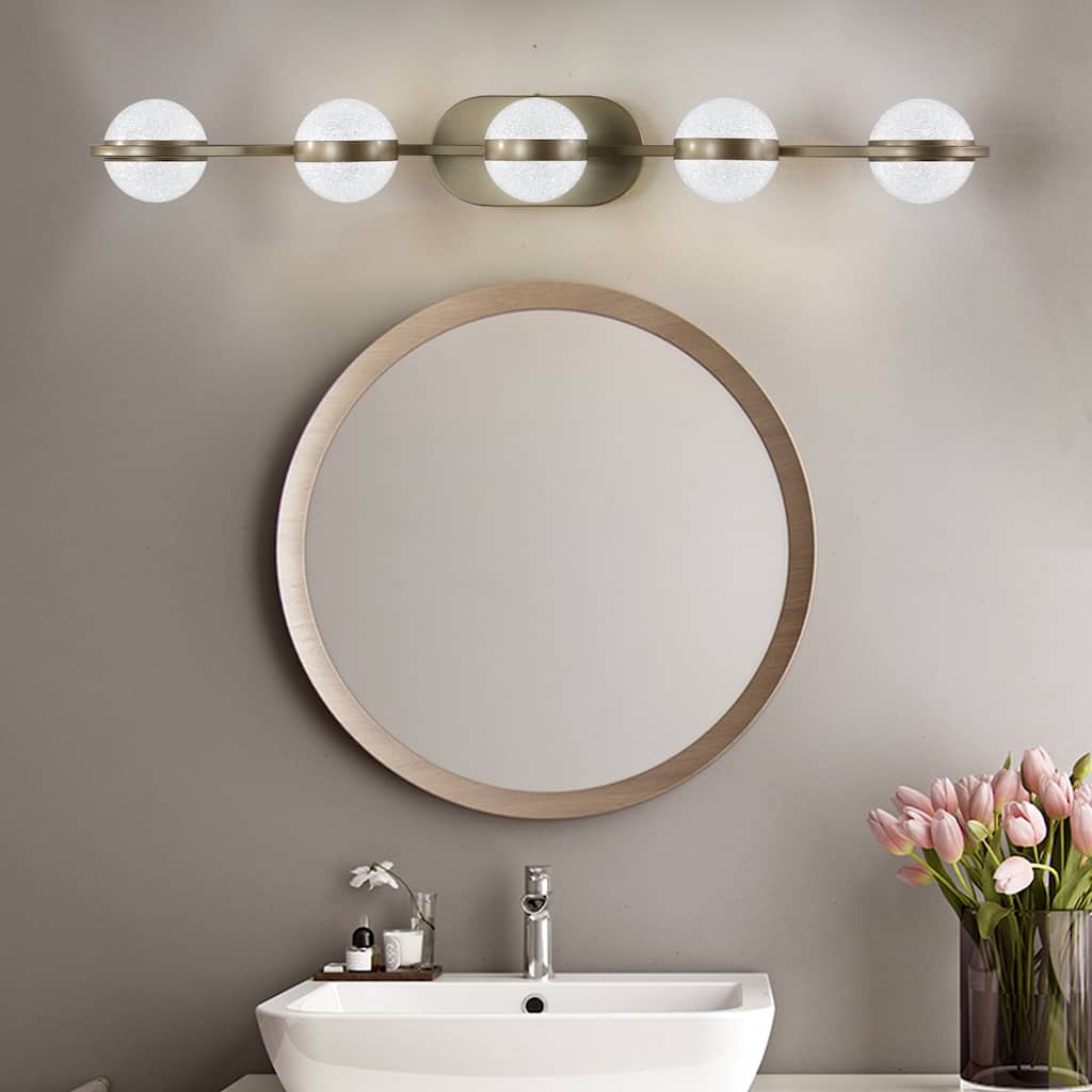 35" Modern Minimalist Bathroom Vanity Light, LED 5 Bulb Crystal Sand Acrylic Shades, Wall Mounted Decorative Lighting Fixture