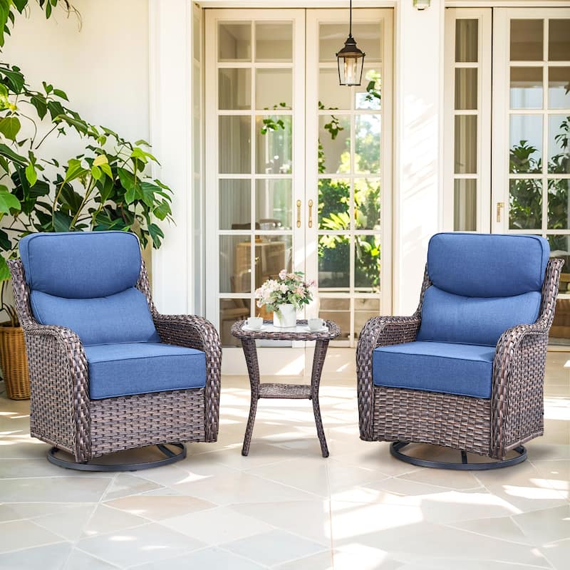 Outdoor Patio Sofa Swivel Chair with 6-Inch Thick Cushions Set - Brwon Wicker Blue Cushion - 3PCS Swivel Chair w/ Table