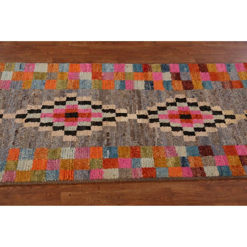 Checkered Moroccan Oriental Runner Rug Handmade Tribal Wool Carpet - 2'10" x 12'8"