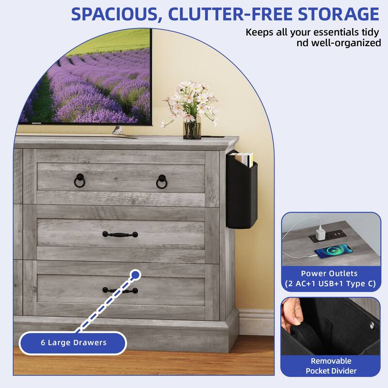 Moasis 59 Inch Farmhouse 6 Drawer Dresser for Bedroom Storage Organizer with Wood Finish and Metal Handles