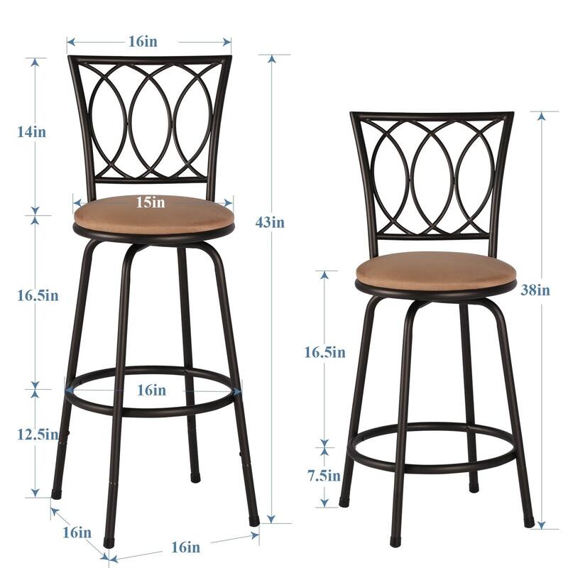 VECELO 2-Pack Brown 360° Swivel Bar Stools with Scroll-back Footrest and Detachable Heel for Kitchen Counter and Living Room