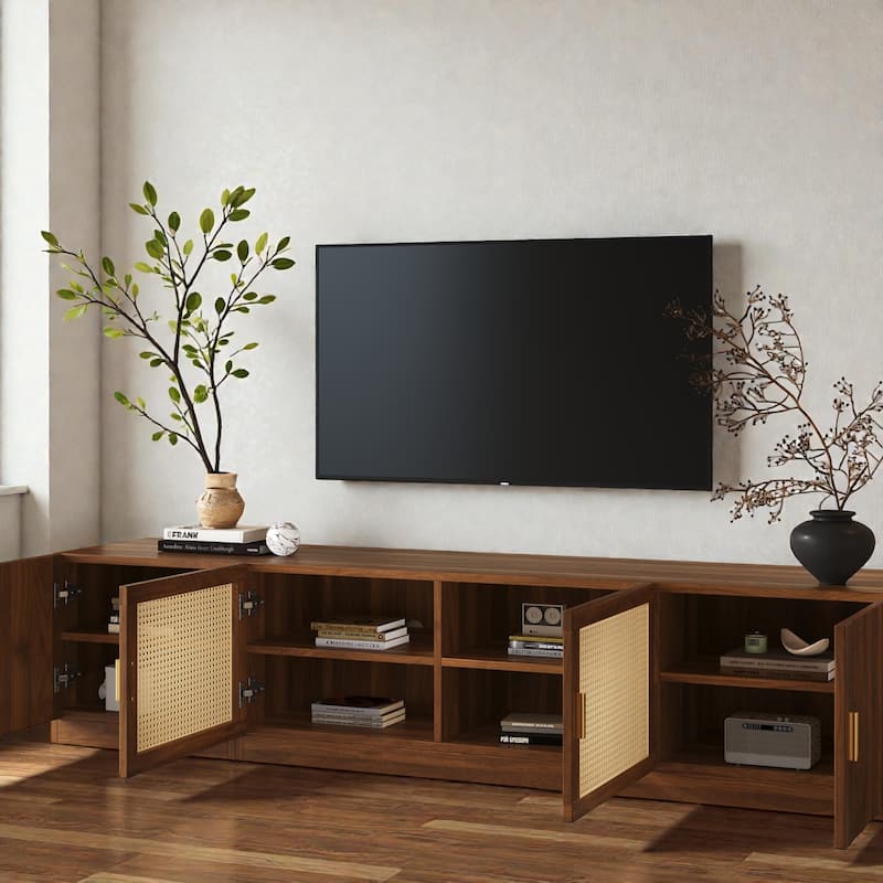 78" Mid-Century TV Stand for TVs Up to 85", Rattan Door Media Console with Adjustable Shelves & Cable Management