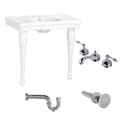 White Porcelain Console Sink with Hardwood Leg, 8 Faucet and P Trap
