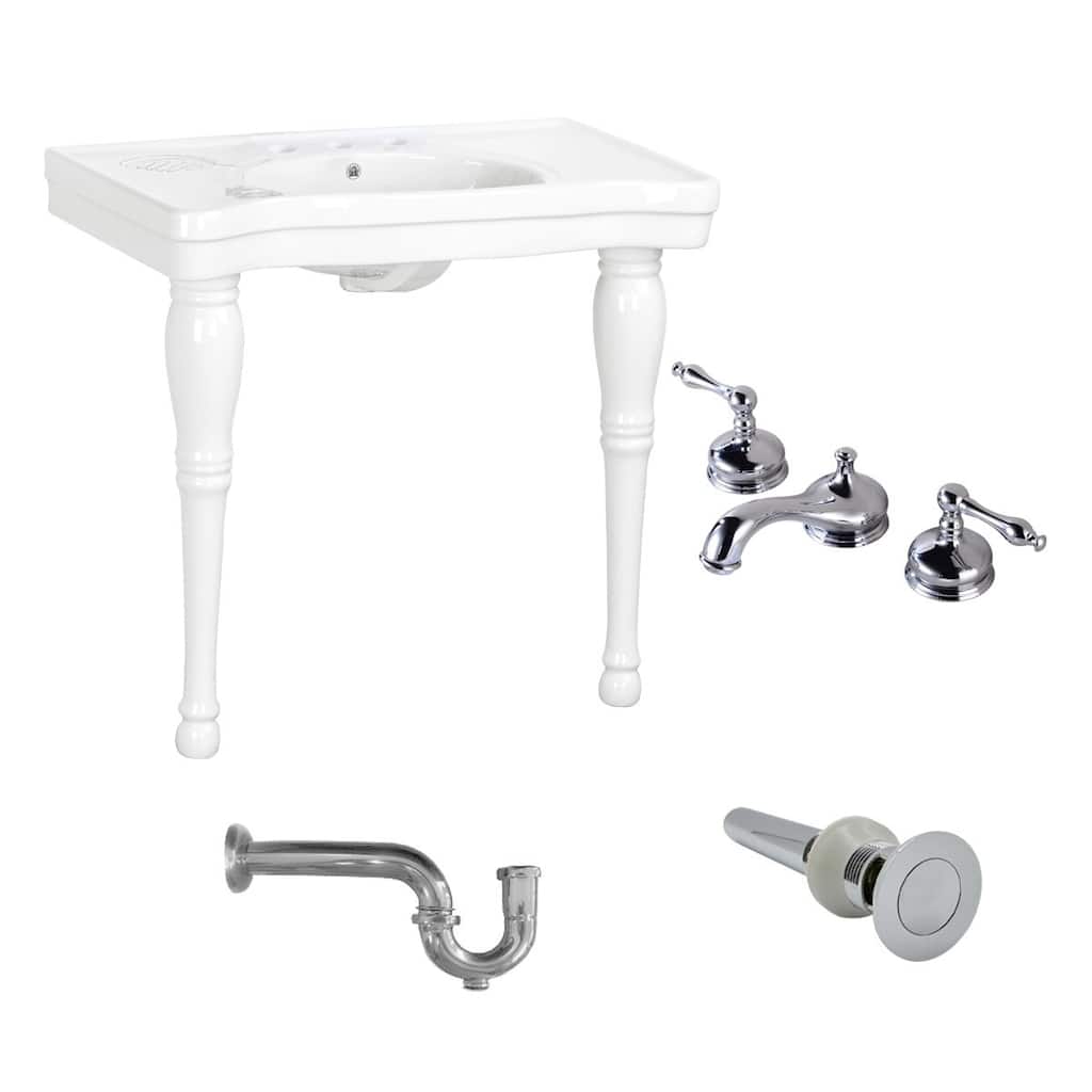 White Porcelain Console Sink with Hardwood Leg, 8 Faucet and P Trap