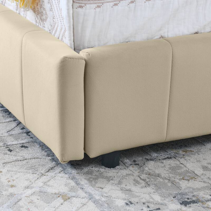 Full Size Velvet Upholstered Tufted Bed Frame with Storage and Comfortable Backrest, Beige