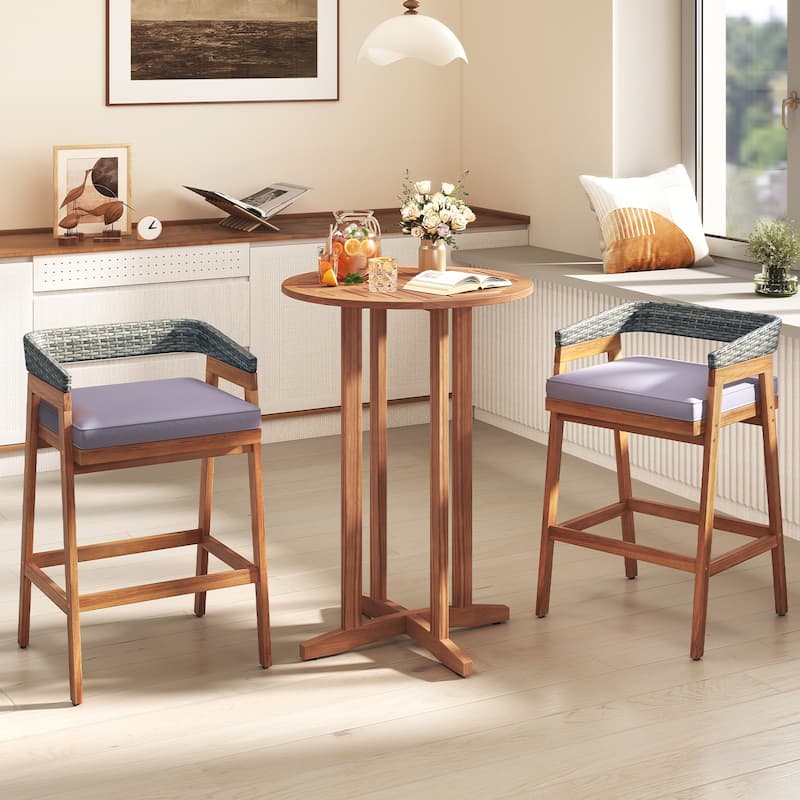 Natural Acacia Wood Outdoor Bar Table 28" Round Slatted Top with Adjustable Feet - 28" L X 28" W x 39" H