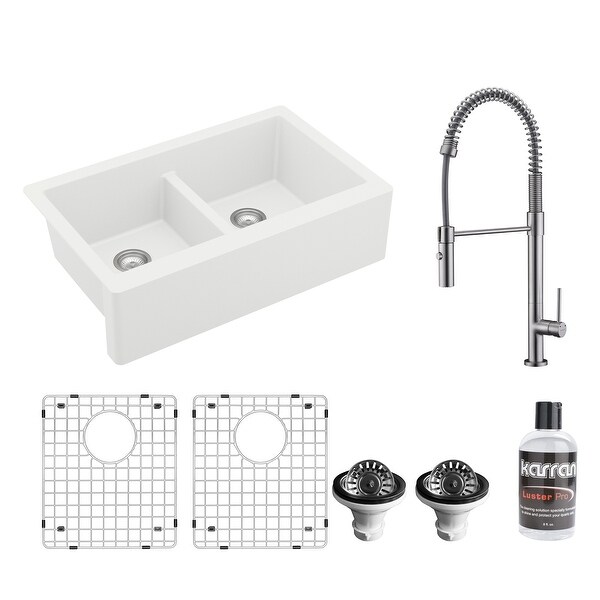 Karran All in One Apron Front Quartz 34 in. Double Bowl 50/50 Kitchen Sink in White with Faucet KKF220 in Stainless Steel. Opens flyout.