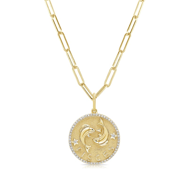Zodiac Diamond Sign Necklace 14k Gold - Coin Pendant - Yellow Gold Diamond Necklace for Her - Women's Neckace - PISCES