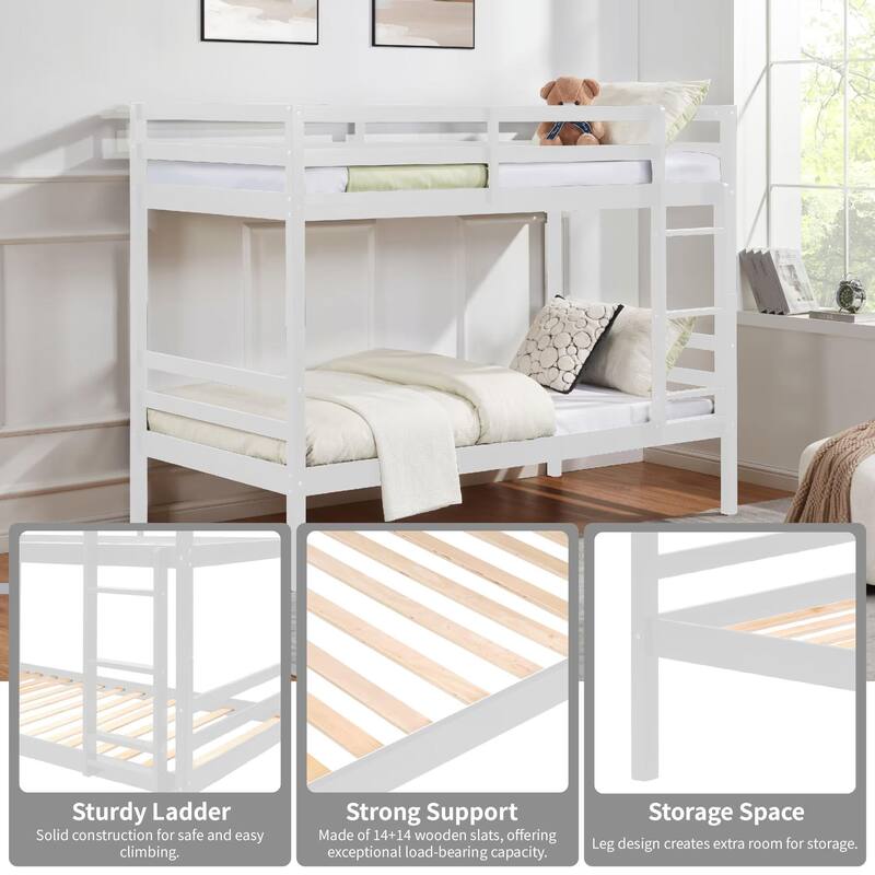 Twin over Twin Wooden Bunk Bed,High Guardrail,Ladder,Kids Teens,Dorm