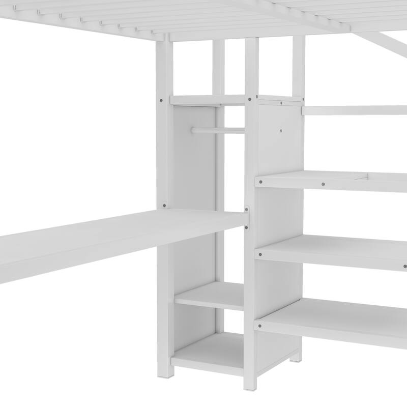 Queen Size Metal Loft Bed with L-Shaped Desk, Built-In Wardrobe, USB Charging Port, Adjustable Shelf and LED Lighting