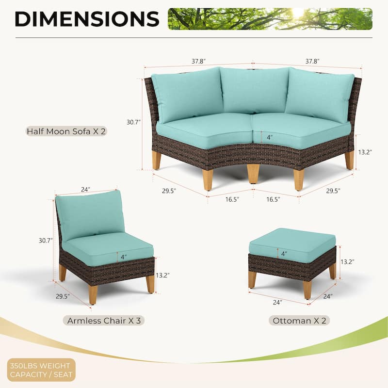12-Seat Outdoor Wicker Half-Round Furniture Set, Half-Moon Sectional Sofa All Weather Curved Conversation Set