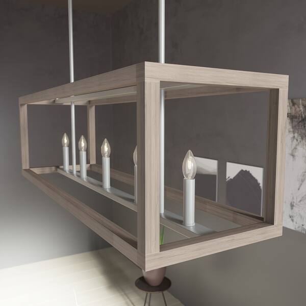 slide 2 of 21, Hunter Squire Manor 6-Light Linear Chandelier - Island, Dining room - Candle, Modern Farmhouse, Transitional Brushed Nickel/Bleached Wood