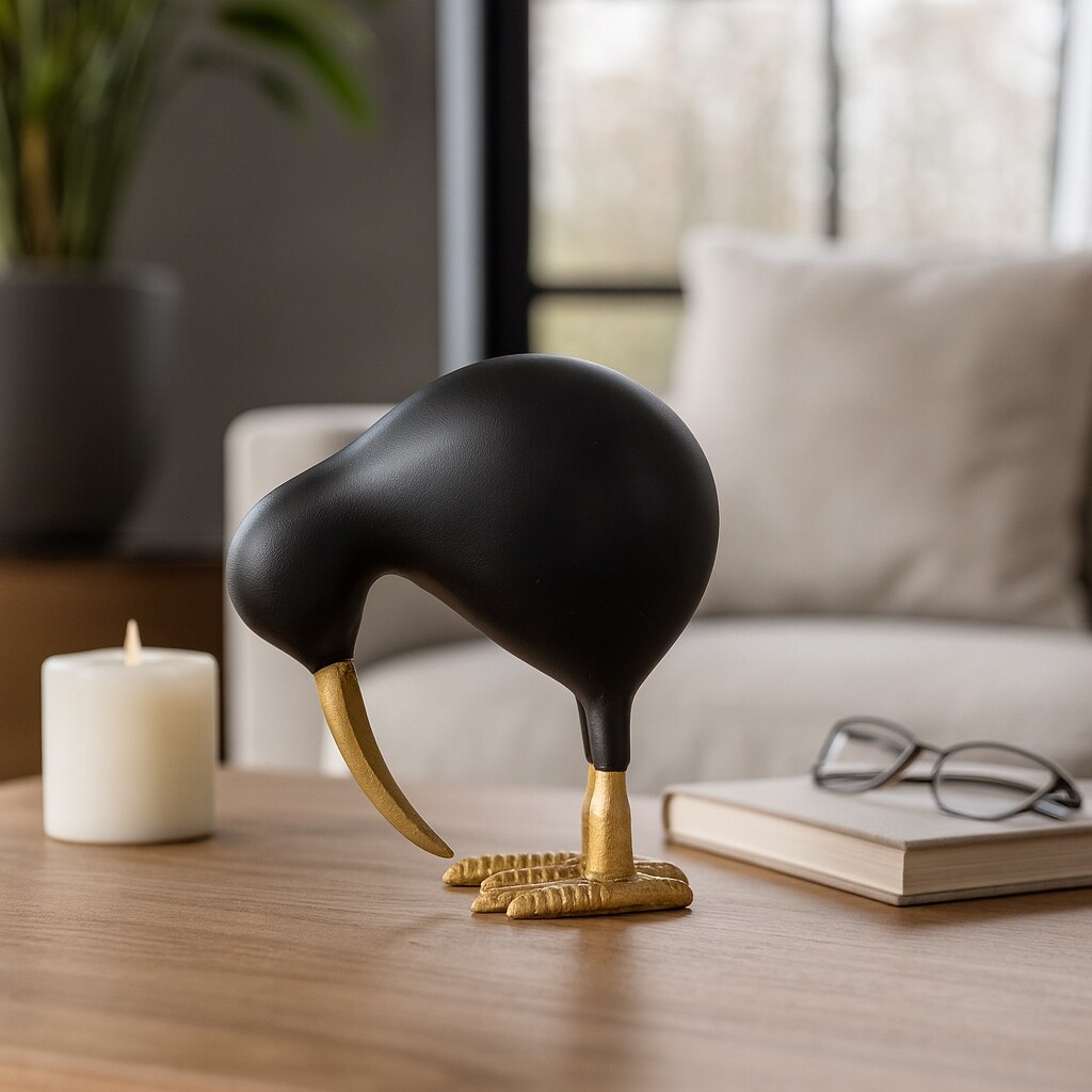 Decorative Metal Kiwi Bird Figurine Sculpture - Black & Gold - On