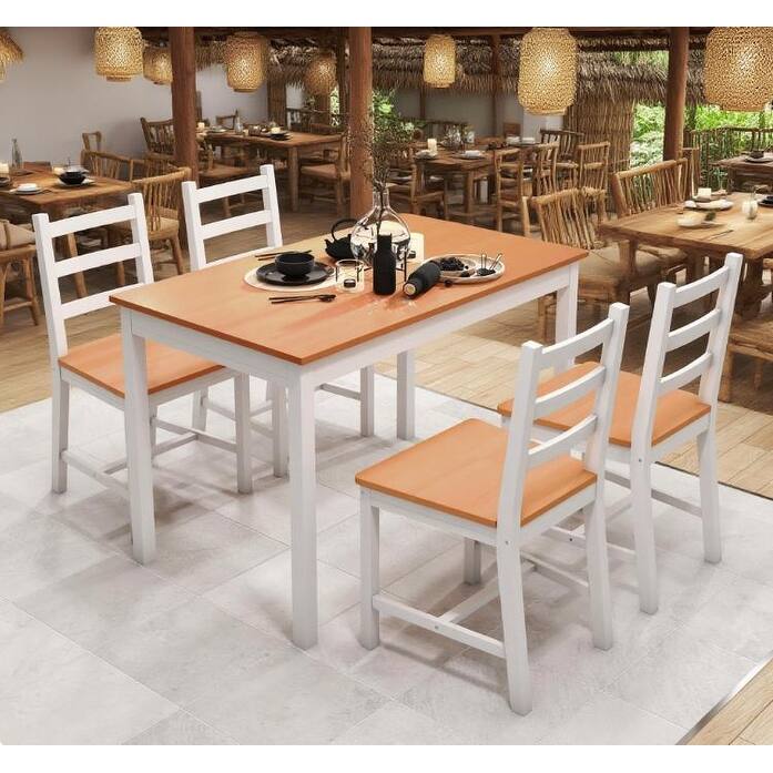 5-Piece Rustic Dining Table Set, Wood Table with 4 High-Back Slatted Chairs, Kitchen Table Set for Dining Room