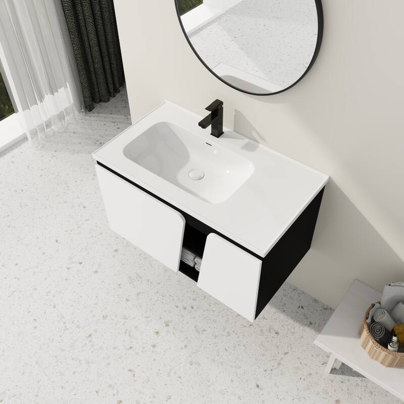 Wall-Mounted Bathroom Vanity with Ceramic Sink, Soft-Close Doors, Eco-Friendly Plywood Cabinet, and Ample Storage