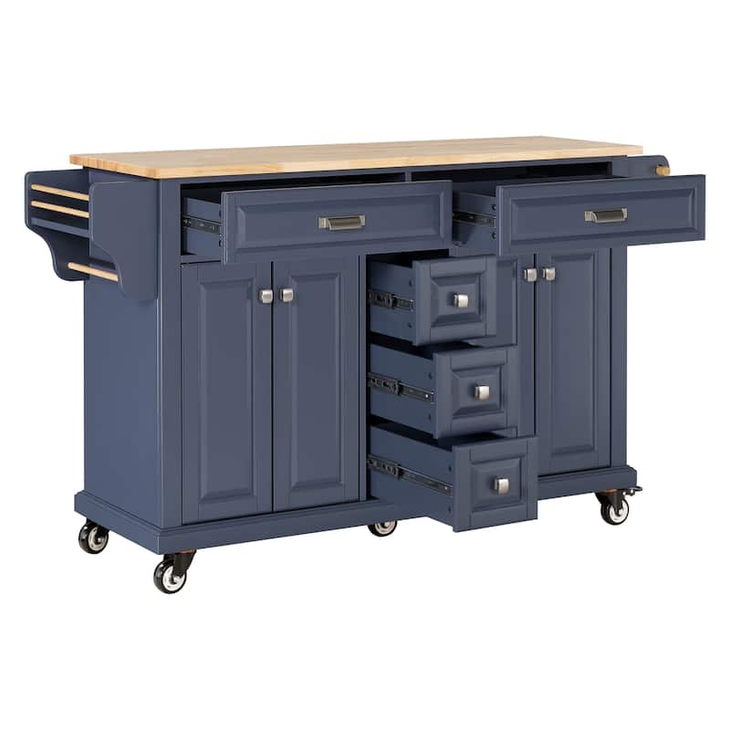 Kitchen Island with Rubber wood Countertop, Kitchen Cart on 5 Wheels with Storage Cabinet and 5 Drawers for Dinning Room