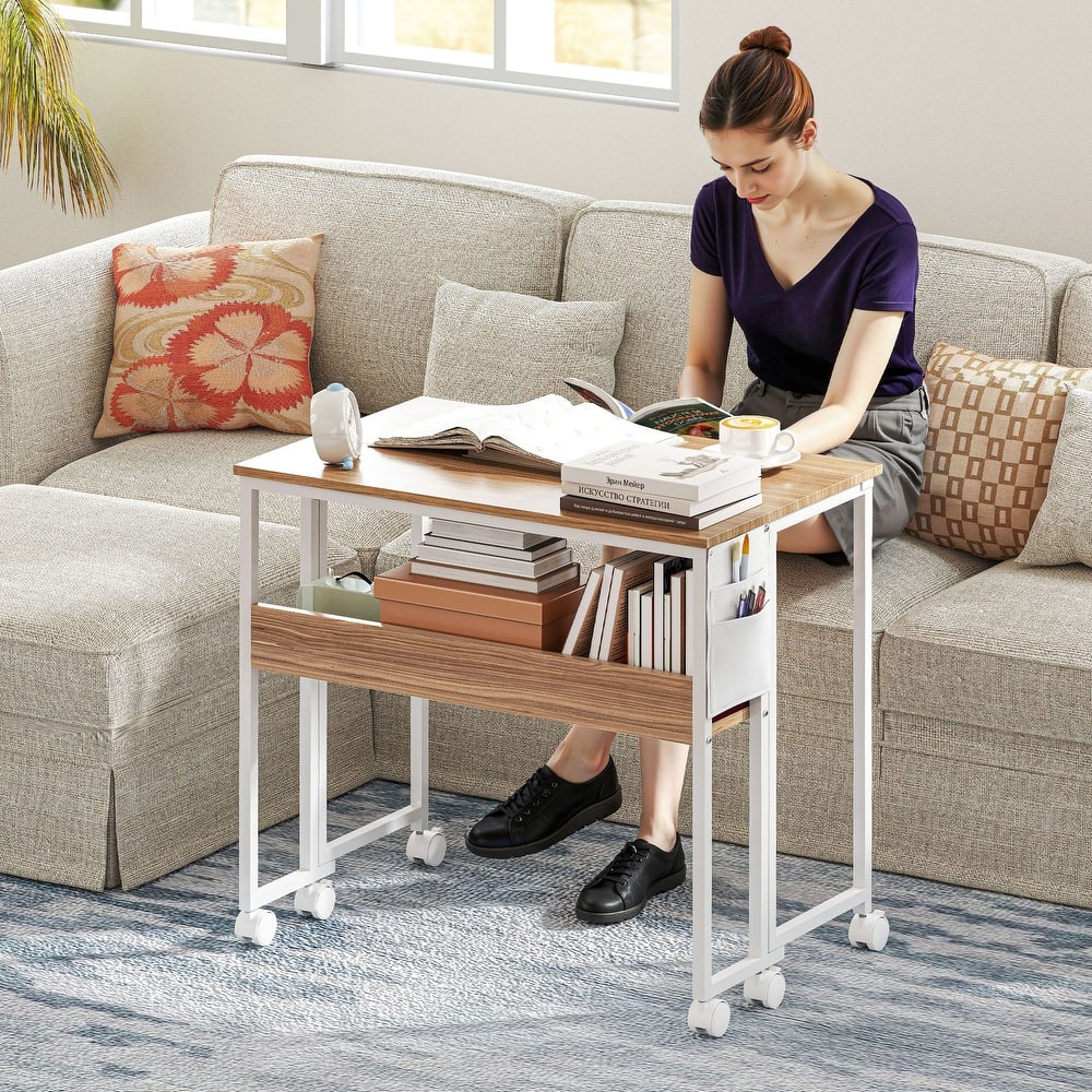 HOMCOM Small Folding Desk, Rolling Computer Desk Foldable with Storage Bag and Shelf, 31.5" Portable Writing Table on Wheels
