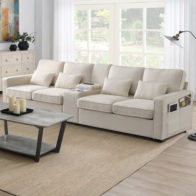 Modern 4-Seat Sofa with Console, Wireless Charging, 2 Cupholders, and 4 Pillows, Upholstered in Linen Fabric