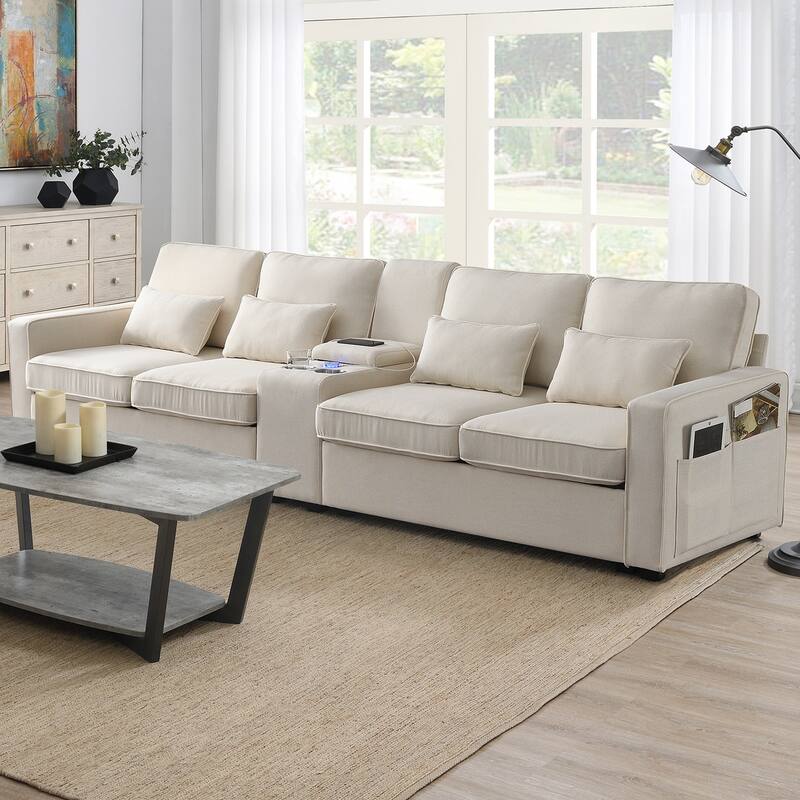 Modern Linen Fabric Upholstered Sofa with Console, 4Pillows,Cupholders,USB - Beige
