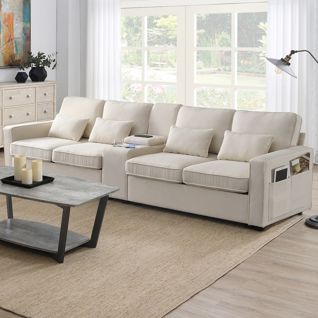 Multi-person Cotton and Linen Sofa with USB Charging Port and Storage Space