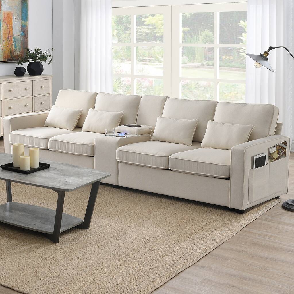 Upholstered Sofa With Console, 2 Cupholders And 2 Usb Ports Wired Or Wirelessly Charged, Linen Fabric Couches With 4 Pillows