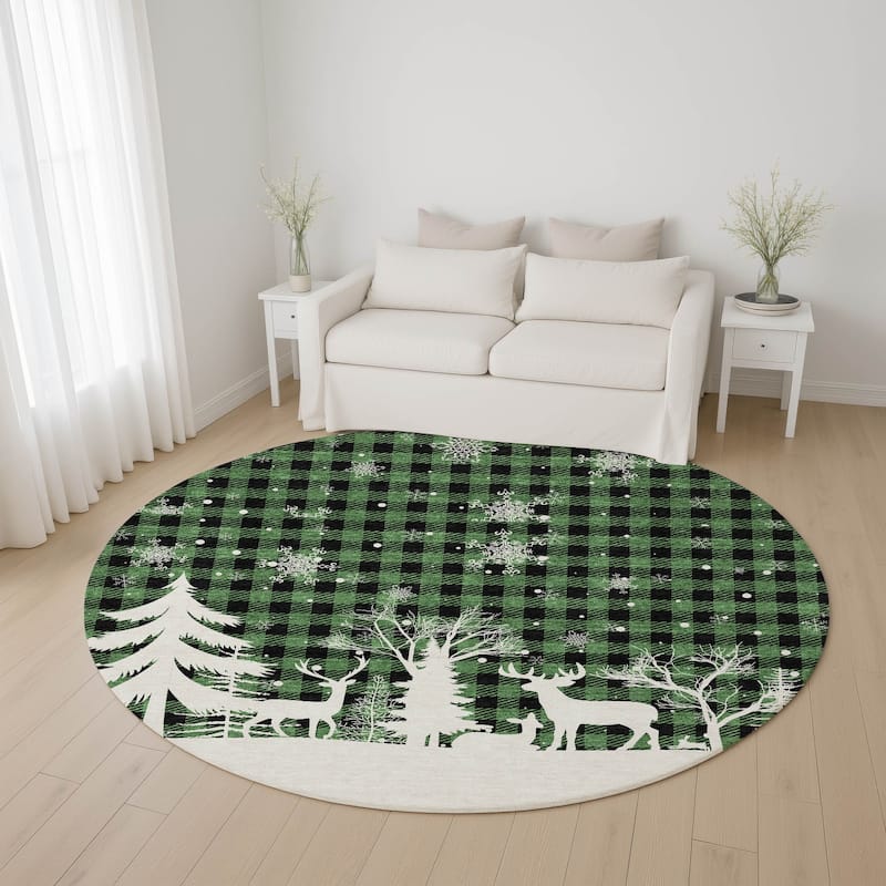 Premium Washable Super Soft Winter Reindeer Tree Mayfield Rug - Green - 8' x 8'