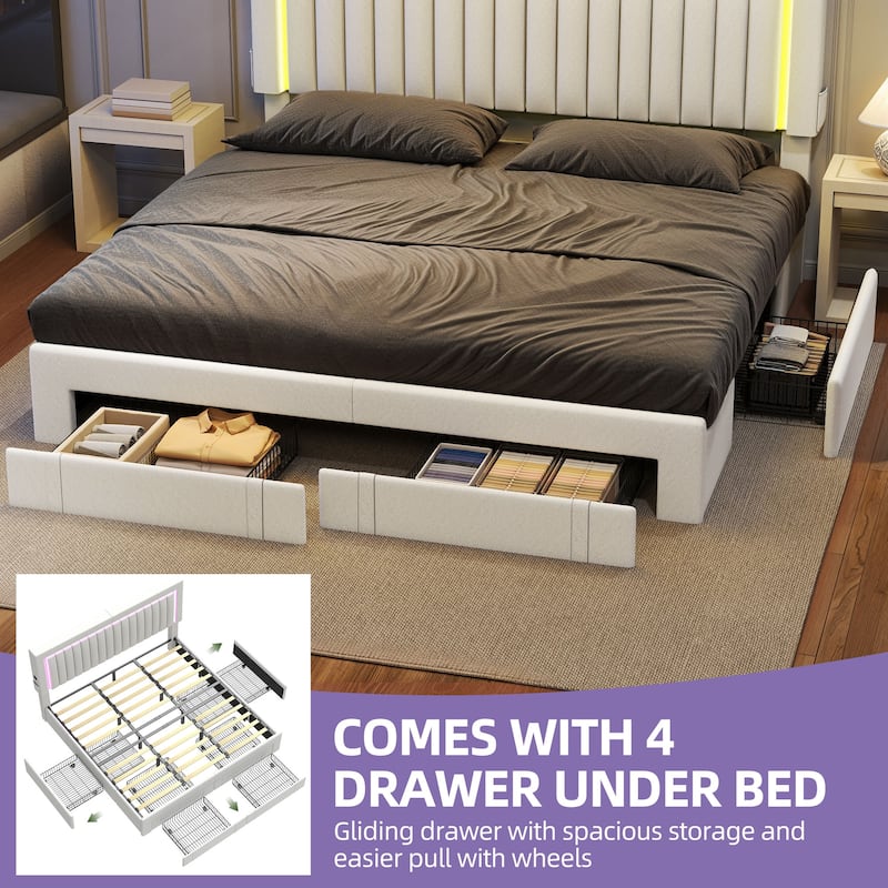 Velvet Upholstered Platform Bed Frame with Adjustable Headboard and 4 Storage Drawers & RGB LED Lights