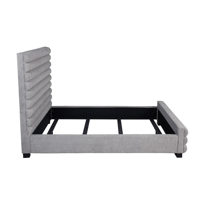 Boucle Upholstered Eastern King Bed with Channel-tufted Headboard in Grey