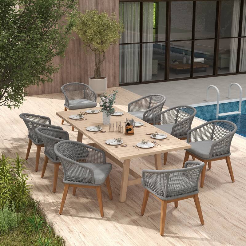 Outdoor Patio 9-Piece Dining Set With Rope-Woven Dining Chairs