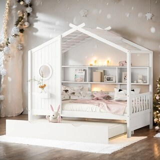 Playhouse Design Twin Size House Wooden Bed with Trundle, Modern Design for Kids with Storage Shlef