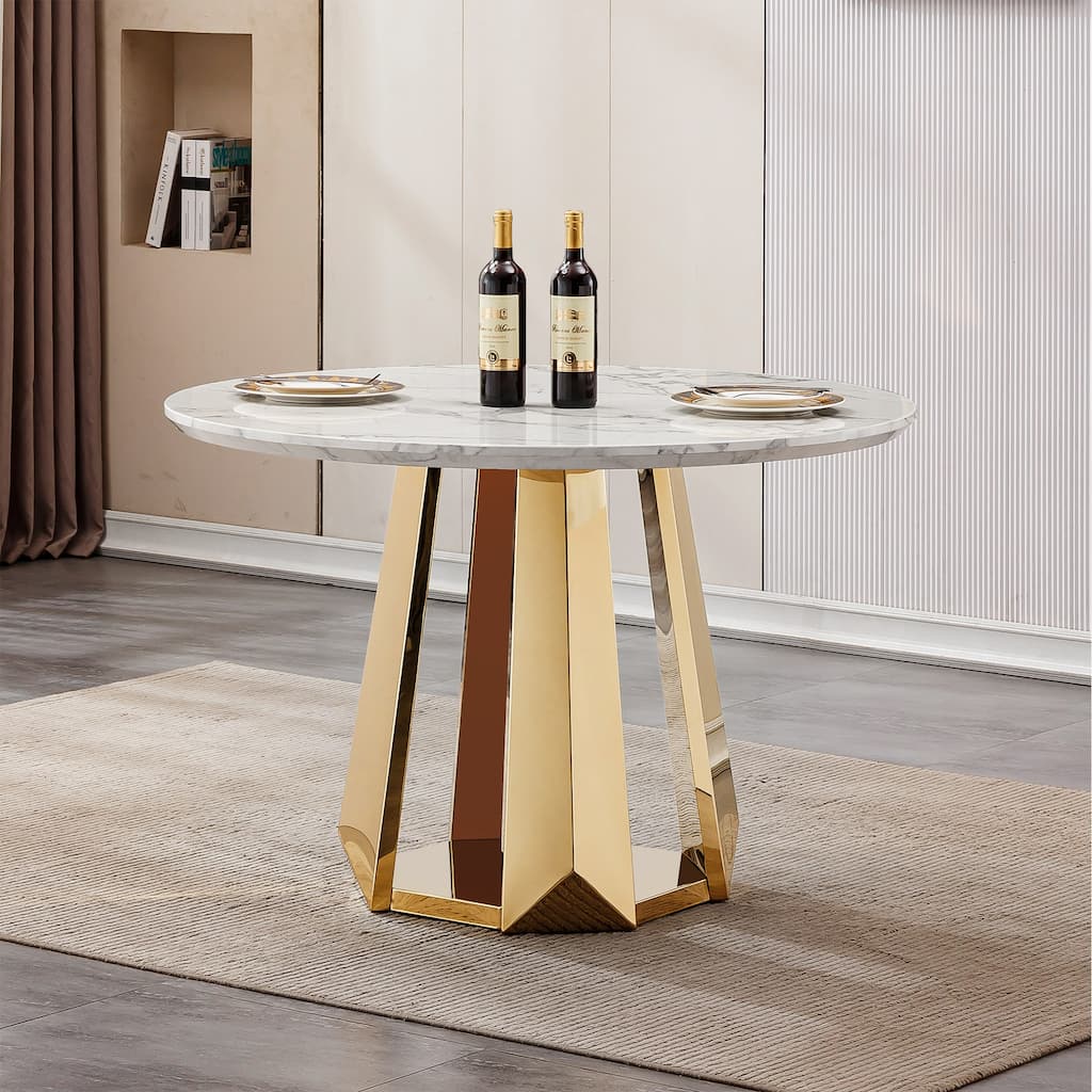 GDFStudio - Lisa Series 47" Round Marble Dining Table and Stainless Steel Base for Dining Room, Kitchen