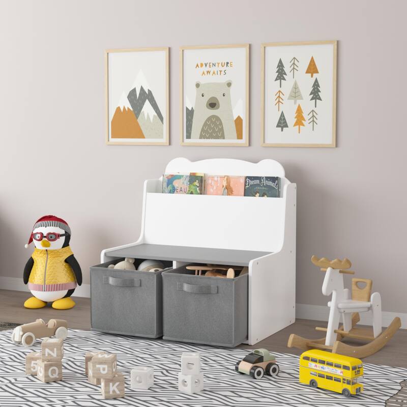 Kids Bookshelf With Storage Bins-Wooden Bookcase With Book Display Shelf And 2 Fabric Bins,Cute Bear-Shaped Backboard