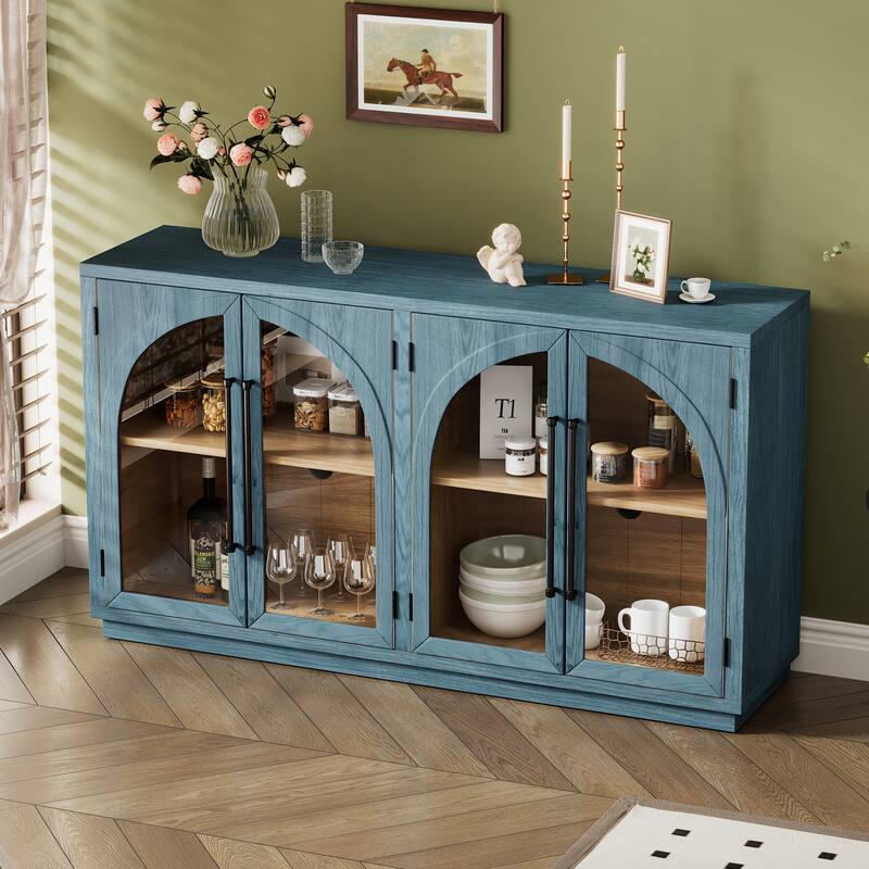 Large Retro Style Sideboard Buffet Cabinet with 4 Doors, Metal Handles, and Adjustable Shelves for Kitchen and Living Room