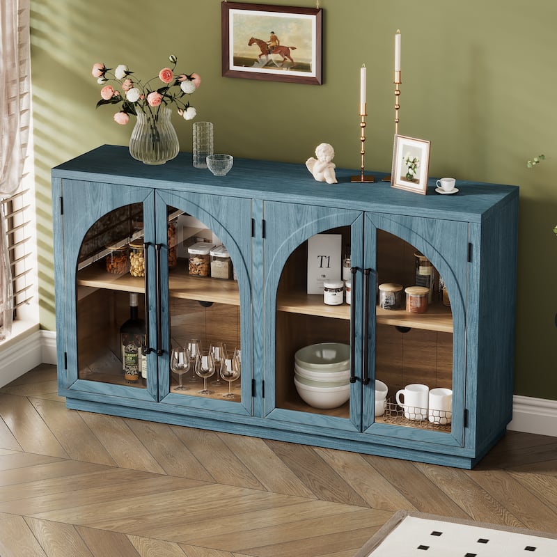 Vintage 4-Door Sideboard with Metal Handles and Adjustable Shelves for Kitchen, Dining Room, Living Room