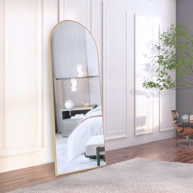 63'' x 20'' Aluminium Alloy Arch Full Length Mirror with Stand - Gold