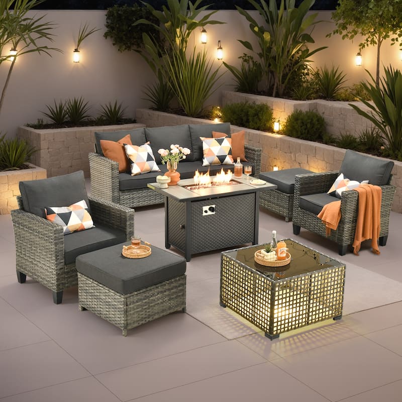 OVIOS 7 Pieces Patio Furniture Set with Solar-Powered Table & Fire Pit
