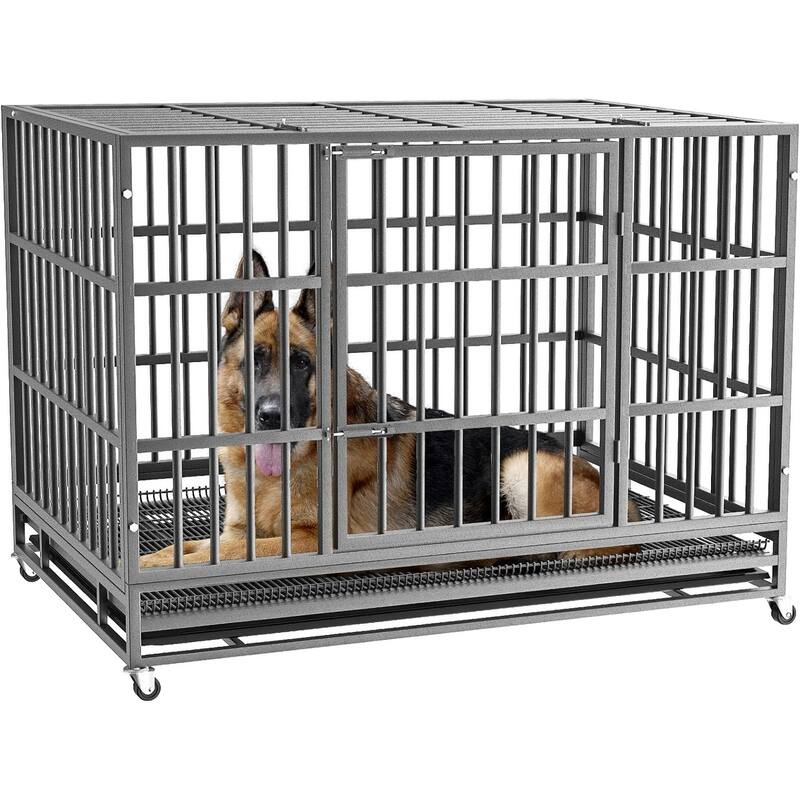 BOSSIN 48/38 inch Heavy Duty Indestructible Dog Crate, Escape Proof Dog Cage Kennel with Lockable Wheels - 38inch - Silver