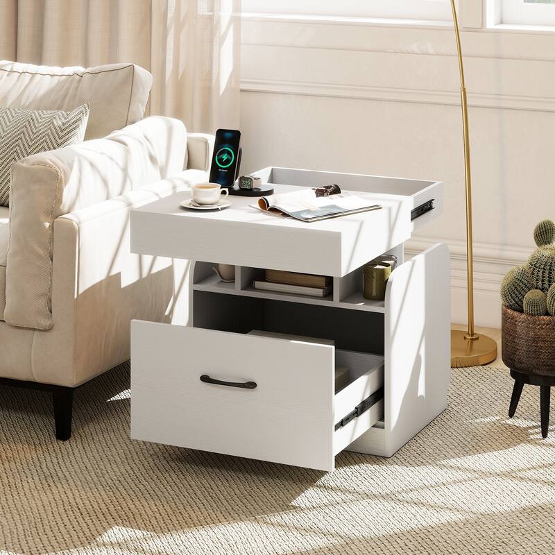 Gymax Nightstand w/ Charging Station Drawer & Sliding Top Storage Tray